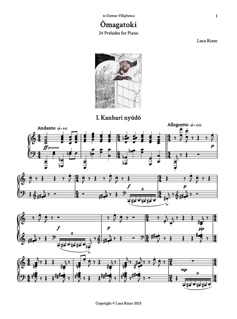First page of the score of Ōmagatoki - 24 Preludes for Piano by Luca Rizzo, showing the opening measures with tempo marking and dynamic indications.