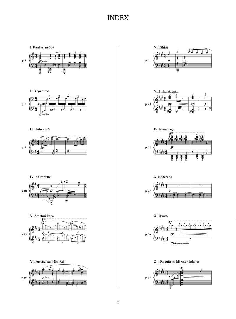 Page of the index of Ōmagatoki - 24 Preludes for Piano, with 12 titles out of 24 and their corresponding first measures of music.