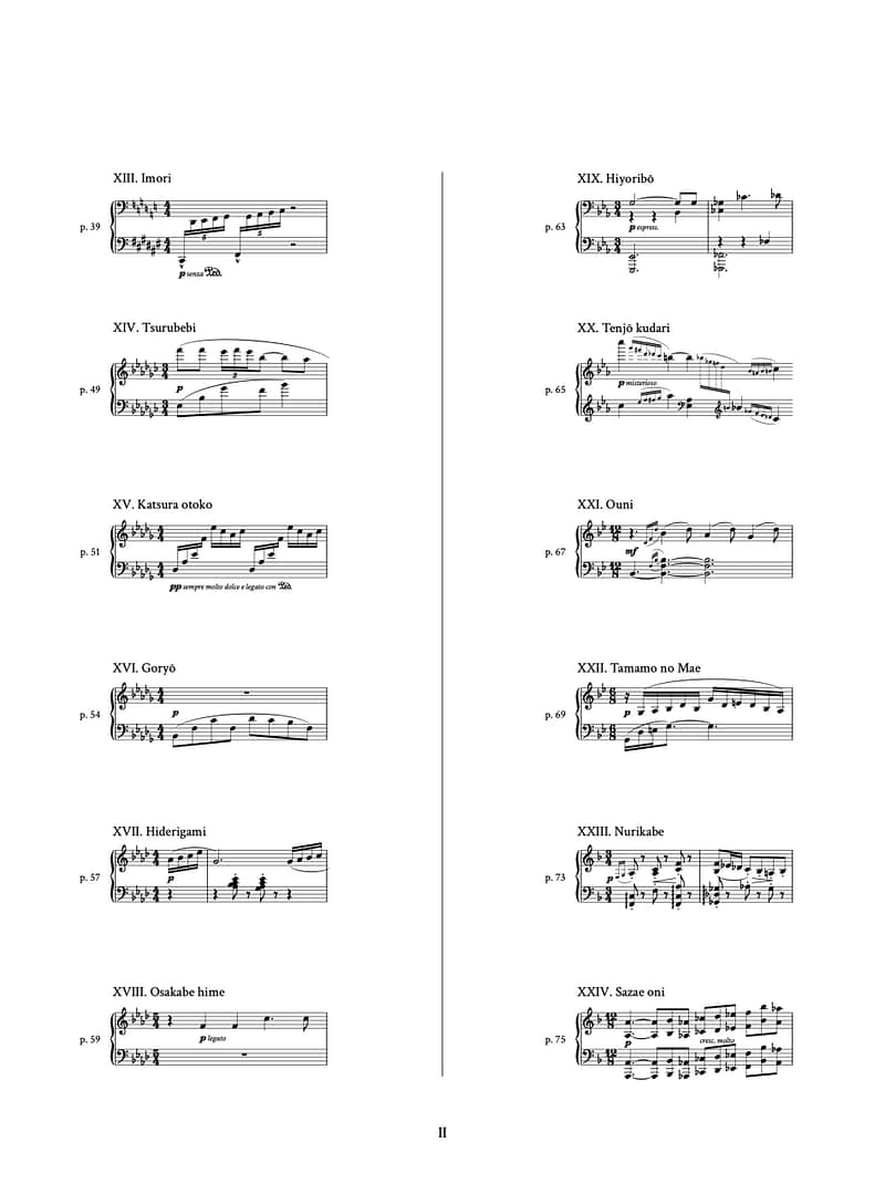 Page of the index of Ōmagatoki - 24 Preludes for Piano, with 12 titles out of 24 and their corresponding first measures of music.